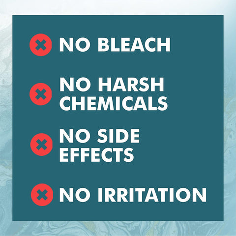 A teal background with four red circles and X symbols highlights the soothing benefits of Noveha Hypochlorous Acid Eyelid and Lash Cleanser. White text affirms: NO BLEACH, NO HARSH CHEMICALS, NO SIDE EFFECTS, and NO IRRITATION for gentle blepharitis relief using hypochlorous acid.