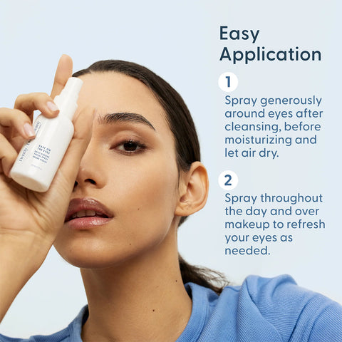 A person holds a white spray bottle near their face with instructions: 1. Spray generously around eyes after cleansing and before moisturizing using our Twenty Twenty Daily Hygiene Facial Spray (60ml). 2. This ophthalmologist-approved formula can be sprayed over makeup to refresh eyes as needed.
