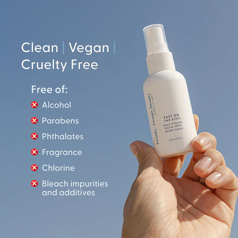A hand holds a white spray bottle labeled Twenty Twenty Daily Hygiene Facial Spray against a blue sky. Its clean, vegan, cruelty-free, and ophthalmologist-approved. Free from alcohol, parabens, phthalates, fragrance, chlorine—perfect for sensitive skin with soothing hypochlorous acid.