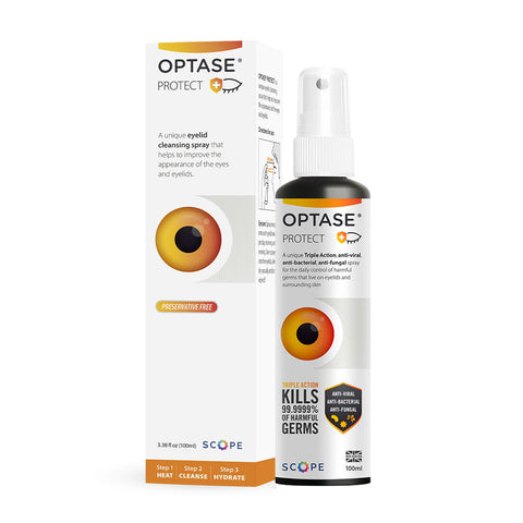 The Optase Protect Eyelid Hypochlorous Cleansing Spray (100ml) offers effective daily eye hygiene with a preservative-free formula. Featuring triple-action antibacterial properties, it eliminates 99.99% of germs.