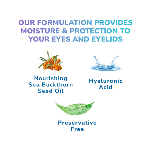 The image text reads: Optase Comfort Dry Eye Spray provides relief and enhances tear film stability, using Sea Buckthorn Seed Oil and Hyaluronic Acid. Preservative-Free. Illustrated with sea buckthorn berries, a water splash, and a leaf.