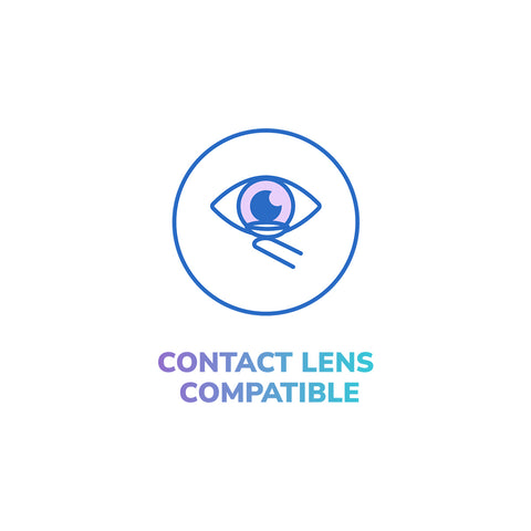 An icon of an iris and eyelashes is outlined in blue inside a circle, above the gradient text CONTACT LENS COMPATIBLE. It complements Optase Comfort Dry Eye Spray on a white background, offering preservative-free use and tear film stability.