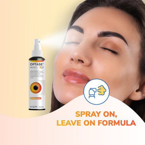 A woman closes her eyes as a mist from the Optase Protect Eyelid Hypochlorous Cleansing Spray (100ml) is gently applied. Below, the text reads Spray on, leave on formula, with an icon of a chair and cloud against a soothing gradient backdrop.