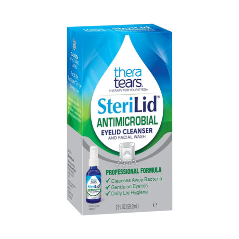 Box of TheraTears SteriLid Antimicrobial Eyelid Cleanser, 2 fl oz Spray, includes hypochlorous acid to support ocular health. It gently cleanses eyelids, aids daily hygiene, and reduces bacteria. Box shows the spray bottle with Thera Tears branding and product details.
