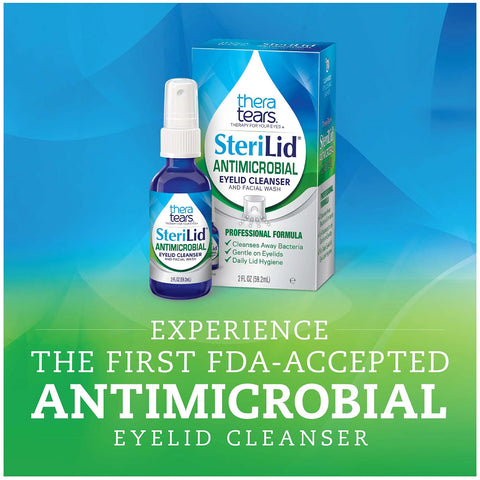 Thera Tears TheraTears SteriLid Antimicrobial Eyelid Cleanser (2 fl oz Spray) features a gradient blue and green package with text promoting it as the first FDA-accepted hypochlorous acid-based cleanser for improved eye care.