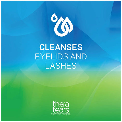 The Thera Tears SteriLid Antimicrobial Eyelid Cleanser (2 fl oz Spray) features a blue-to-green gradient with a white water droplet logo above Cleanses Eyelids and Lashes. Discover how Thera Tears enhances ocular health with the tagline, Therapy for your eyes.