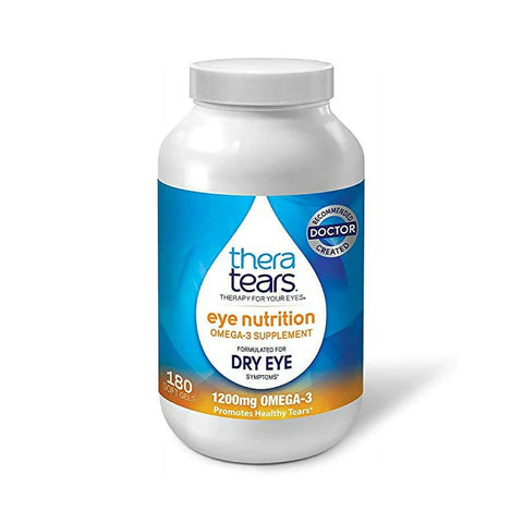 Thera Tears Omega-3 Dry Eye Formula (180ct) by Thera Tears, featuring a white bottle with blue and orange accents, is designed to alleviate dry eye symptoms and promote healthy tears.