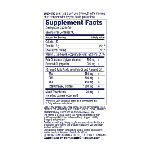 The Thera Tears Omega-3 Dry Eye Formula (180ct) label offers nutritional details on calories, total fat, eye-health-boosting omega-3s, and vitamin E. It includes serving size recommendations, usage directions, and the manufacturers contact information.