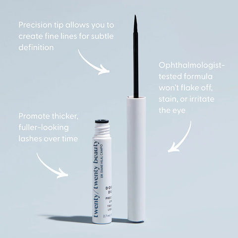Against a light blue background, a Twenty Twenty Double Duty Precision Eyeliner (Pitch Black) 2.7mL tube with black tip is open. Arrows highlight benefits: fine lines creation, fuller-looking lashes over time, and an ophthalmologist-tested formula gentle on eyes.
