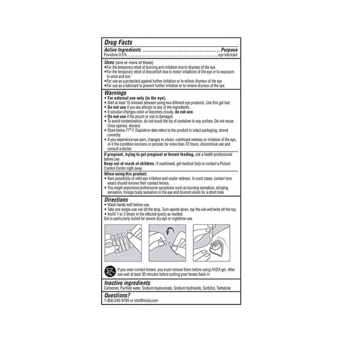 Image of iVIZIA Lubricant Eye Gels drug facts label by Thea, featuring active ingredients, warnings, directions, and inactive ingredients. Includes usage instructions, precautions, storage details, and illustrations for nighttime severe dry eye relief with 30 preservative-free sterile single-use vials.