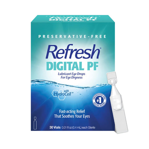 A box of Refresh Digital Preservative Free Eye Drops by Abbvie is shown, providing fast relief for digital eye strain. With 30 vials, the preservative-free formula displays the HydroCell logo for optimal hydration.