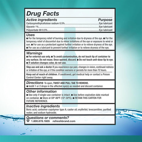 Close-up of Refresh Digital Preservative Free by Abbvie, offering fast relief for digital eye strain. Ingredients: carboxymethylcellulose sodium, glycerin, polysorbate 80. See label for directions and warnings. For inquiries, call 800.678.1605 or visit refreshbrand.com.