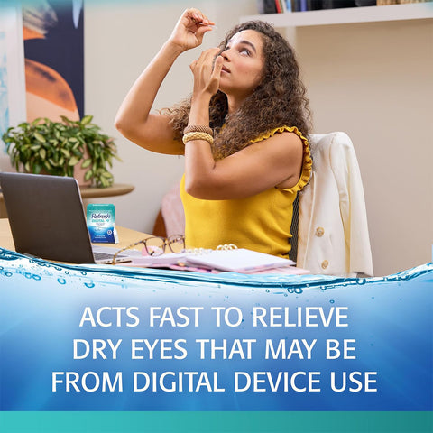 A woman in a yellow top applies Refresh Digital Preservative Free eye drops by Abbvie at her desk with a laptop. A pack of 30 vials (0.4 mL each) is beside her. Text reads: Fast-acting relief for dry eyes from digital strain.