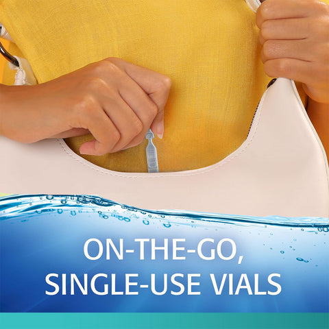 A person in a yellow shirt slips a Refresh Digital Preservative Free vial by Abbvie into a white handbag. Text reads, ON-THE-GO, SINGLE-USE VIALS, emphasizing fast relief from digital eye strain with a refreshing, preservative-free formula and water-themed design.