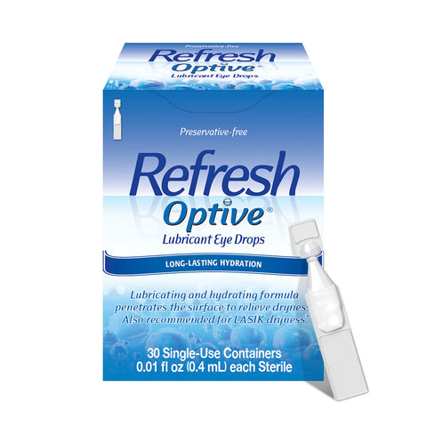 Abbvies Refresh Optive Lubricant Preservative Free Eye Drops feature a preservative-free formula with HydroCell™ technology for dry eye relief. It provides long-lasting hydration and includes 30 single-use sterile vials, each containing 0.01 fl oz (0.4 mL).