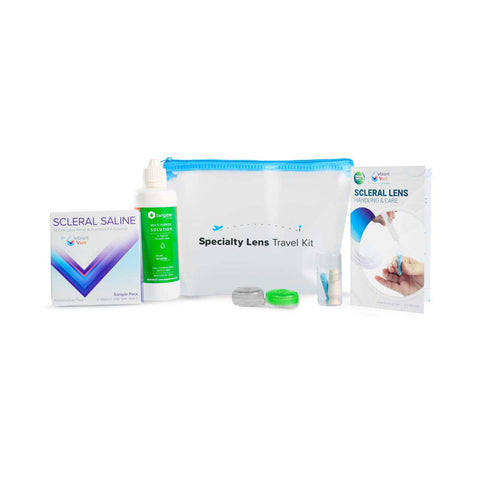 The Vibrant Vue Specialty Lens Starter Travel Kit by Visionary Optics includes saline solution, a contact lens case, Ezi Lens Applicator, a Scleral Saline packet in a clear pouch, and a care guide.