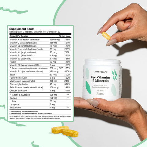 A hand holds a container of CorneaCare Multivitamin for Eyes, Mind and Body (60ct - 1 Month Supply), while another holds tablets above. The background displays a detailed supplement facts label. This minimalist green design from CorneaCare effectively supports healthy eyes.