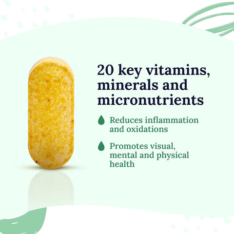 A yellow CorneaCare Multivitamin for Eyes, Mind and Body pill is shown on a soft green background. Text reads: 20 key vision vitamins, minerals, and micronutrients. Reduces inflammation and oxidations. Promotes eye health for visual, mental, and physical well-being. Green decorative corners.