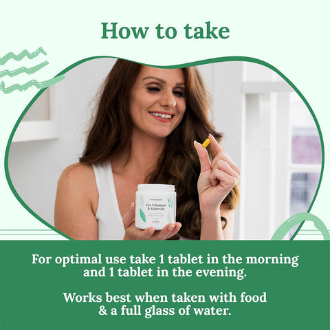 A woman smiles while holding a tablet in one hand and a bottle labeled CorneaCare Multivitamin for Eyes, Mind and Body in the other. The text suggests taking one tablet morning and evening with food and water for optimal eye health.