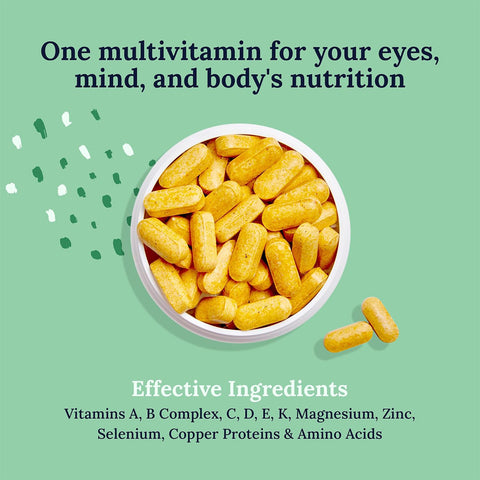 A bowl of yellow CorneaCare Multivitamin tablets rests on a green background. Text reads: One vision vitamin for your eyes, mind, and body. Below, it lists ingredients including vitamins, minerals, and amino acids. Brand Name: CorneaCare; Product Name: Multivitamin for Eyes, Mind and Body (60ct - 1 Month Supply).