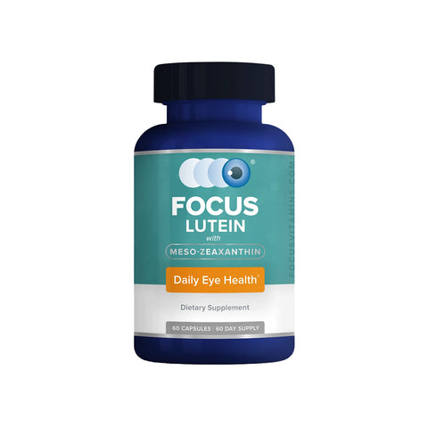 Focus Lutein Triple Carotenoid Formula for Adults by Focus Vitamins supports daily eye health and blue light protection; this dietary supplement offers 60 capsules (2-month supply) of eye vitamins in a blue bottle.