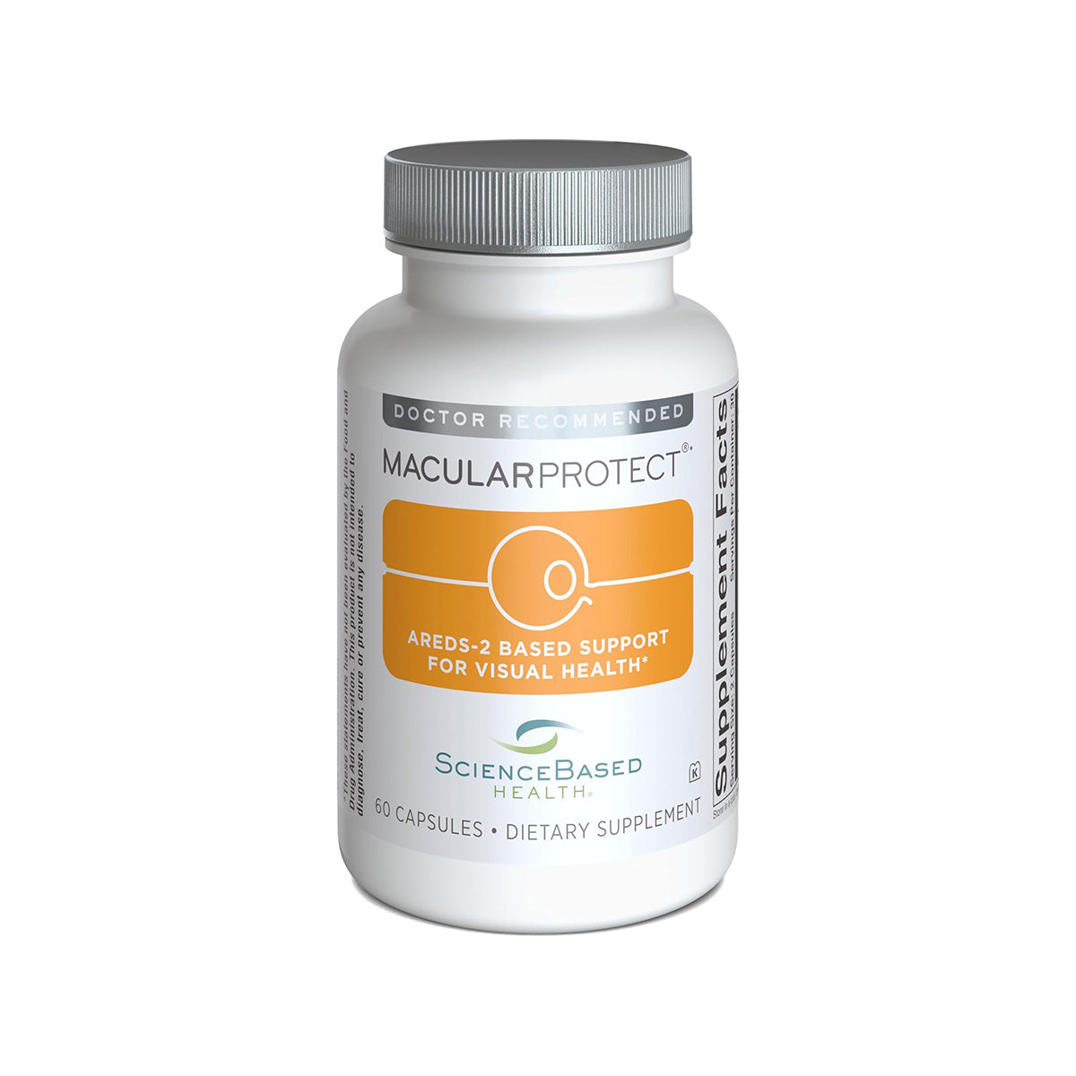 White bottle of ScienceBased Health MacularProtect AREDS2 – Targeted Support for Macular Health (60ct) dietary supplement, featuring orange and gray accents on the label.
