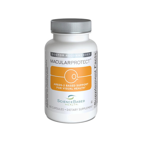 White bottle of ScienceBased Health MacularProtect AREDS2 – Targeted Support for Macular Health (60ct) dietary supplement, featuring orange and gray accents on the label.