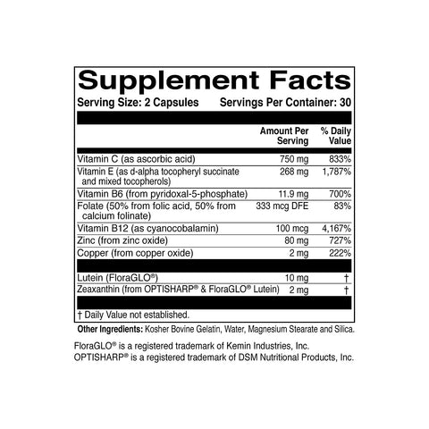 ScienceBased Health’s MacularProtect AREDS2 (60ct) Supplement Facts label lists vitamins C, E, B vitamins, folate, zinc, copper, lutein & zeaxanthin per 2-capsule serving with % Daily Values and extra ingredient info for macular health.