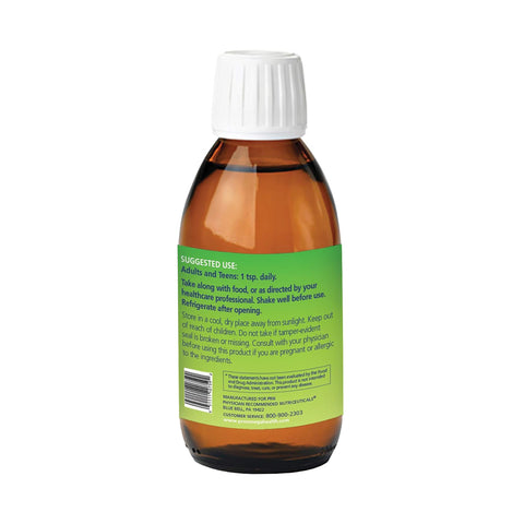A brown medicine bottle, labeled green and capped white, displays usage and cautionary advice for eye health. Infused with algae oil for high omega-3 content, it stands against a clean white backdrop. Product: PRN Omega-V Benefits Liquid (5 oz) Vegan Formula by PRN - Physician Recommended Nutriceuticals.