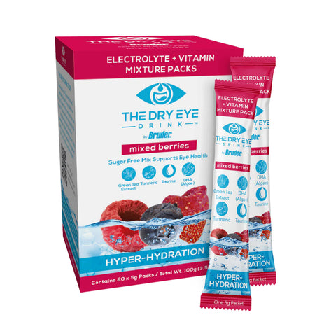Box of Dry Eye Drink™ Daytime by Bruder, in mixed berries flavor. This sugar-free formula offers dry eye relief, combining electrolyte hydration with vitamins C and E, green tea, curcumin extract, and DHA for eye health. Contains 20 packets.