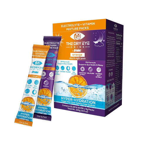 The Bruder Dry Eye Drink™ Complete Set provides 20 electrolyte/vitamin packets (10 daytime, 10 PM) in orange flavor with a slice graphic, promoting Hyper-Hydration and supporting dry eye relief and eye health. It includes four convenient individual stick packs.