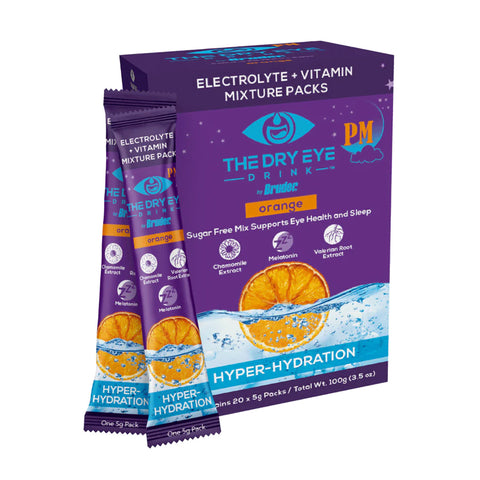 The image shows a box of Bruders Dry Eye Drink™ PM – Nighttime Hydration + Sleep Support for Dry Eyes (Orange, 20 Packets), featuring chamomile, melatonin, and Valerian root extract. This orange-flavored blend aids hydration and dry eye relief. Two sachets are displayed beside the box.