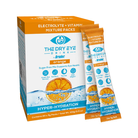 Bruders Dry Eye Drink™ Daytime offers 20 packets of refreshing orange-flavored, doctor-formulated electrolyte hydration for eye health. This sugar-free formula with vitamins features vibrant blue and orange branding adorned with an orange slice image.