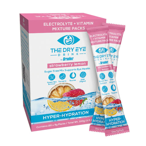A box of Bruders Dry Eye Drink™ Daytime, a doctor-formulated hydration solution for eye health, includes 20 strawberry lemonade packets with images of strawberries, lemon slices, and water splashes for electrolyte and vitamin support.