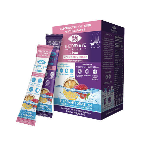The Bruder Dry Eye Drink™ Complete Set in Strawberry Lemonade flavor includes 20 packets (10 each of daytime and PM) with hydration symbols and fruit images, designed for hyper-hydration and to relieve dry eyes, supporting overall eye health.