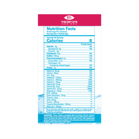 Bruders Dry Eye Drink™ Daytime offers eye relief with a serving size of 1 packet (5g). Its nutrition label lists calories, sodium, carbohydrates, and essential vitamins and minerals, highlighting anti-inflammatory ingredients.