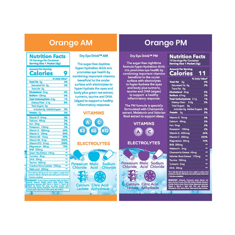 Compare the nutrition labels of Bruders Dry Eye Drink™ Complete Set, featuring Daytime and PM drinks. The Daytime variant emphasizes vitamins B3, B6, B12 for vitality, while PM offers high levels of vitamins C, A, D. Both drinks include potassium and sodium for hydration and potential dry eye relief.