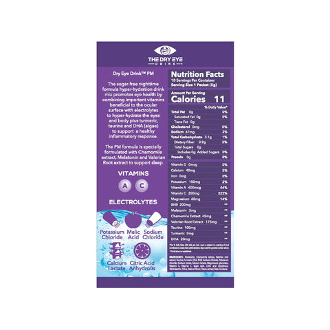 The purple nutrition label for Bruders Dry Eye Drink™ PM – Nighttime Hydration + Sleep Support for Dry Eyes in orange highlights vitamins A and C, potassium, sodium, calcium, and citric acid. With 11 calories per serving, it also includes chamomile extract, melatonin, and valerian root.