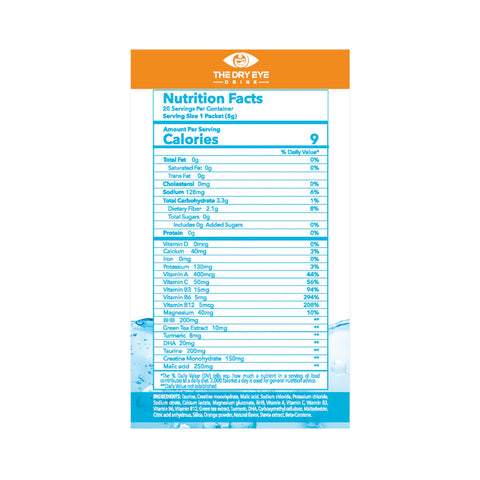 Image of Dry Eye Drink™ Daytime by Bruder, an electrolyte hydration formula. Per serving: 9 calories, 0g fat, 210mg sodium, 8g carbs, 0g added sugars, 1g fiber, and 1g protein—loaded with vitamins/minerals supporting dry eye relief. (Orange flavor; pack of 20).
