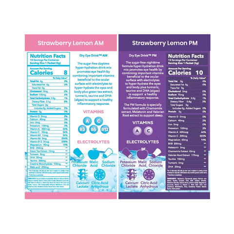 Compare nutrition facts for Bruders Strawberry Lemonade Dry Eye Drink™ AM and PM. Both support eye hydration, detailing calories, vitamins, and electrolytes. The labels feature distinct colors: pink for AM and purple for PM, each designed to aid dry eye relief.