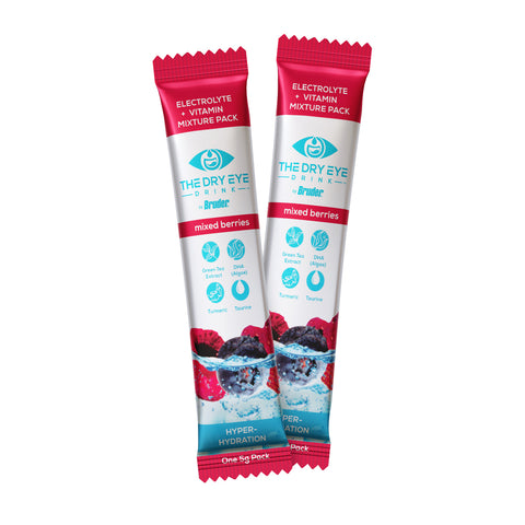 Two sachets of Bruders Dry Eye Drink™ Daytime offer mixed berries flavor with anti-inflammatory ingredients like green tea, turmeric, and taurine. The packaging emphasizes eye hydration benefits for overall well-being and dry eye relief.