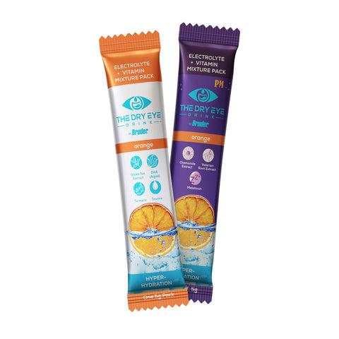 The Bruder Dry Eye Drink™ Complete Set, featuring Daytime (orange) and PM (purple) hydration packets, promotes eye health with ingredients like turmeric and melatonin for dry eye relief. Both packets feature an orange slice splash design.
