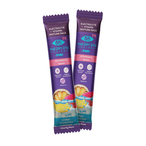Two packets of Brüders Dry Eye Drink™ PM – Nighttime Hydration + Sleep Support for Dry Eyes in orange flavor offer a blend of electrolytes and vitamins for eye health. Packed with coconut water and rose extract, the packaging highlights refreshing dry eye relief while promoting sleep support.