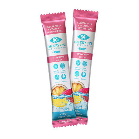 Two packets of Bruders Dry Eye Drink™ Daytime, a doctor-formulated electrolyte hydration product in strawberry lemonade flavor, feature strawberries, lemon slices, and water splashes on the design to emphasize its purpose for eye health and dry eye relief.