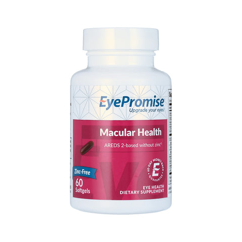 The EyePromise® Macular Health supplement, featuring a white cap and pink-white label, offers eye health support with 60 zinc-free softgels, based on AREDS2. Its designed for macular health with Omega-3s and Vitamin D for aging eyes.