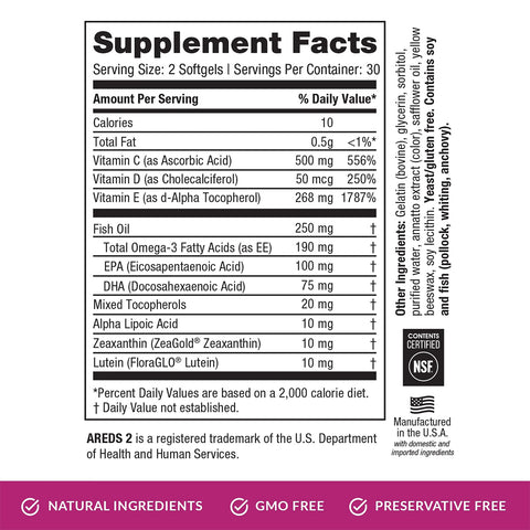 The image shows the supplement facts label for EyePromise® Macular Health, a zinc-free AREDS2-based eye vitamin softgel with natural ingredients. It includes Vitamin C, D, E, fish oil, omega-3s (EPA & DHA), lutein, zeaxanthin and is GMO-free and preservative-free to support aging eyes.