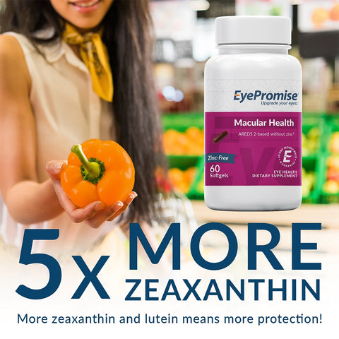 Someone holds an orange bell pepper next to a bottle of EyePromise® Macular Health, highlighting 5x More Zeaxanthin for enhanced protection. This zinc-free vitamin supports age-related eye health with lutein, Omega-3s, and Vitamin D.