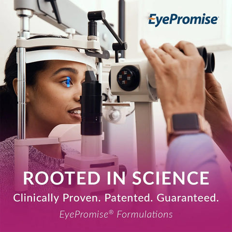 A woman has an eye exam as an optometrist adjusts the device. Text: Rooted in Science. Clinically Proven. Patented. Guaranteed for Macular Health. EyePromise® Macular Health—Zinc-Free AREDS2-Based Eye Vitamin with Omega-3s & Vitamin D supports age-related eye health. EyePromise logo on top.