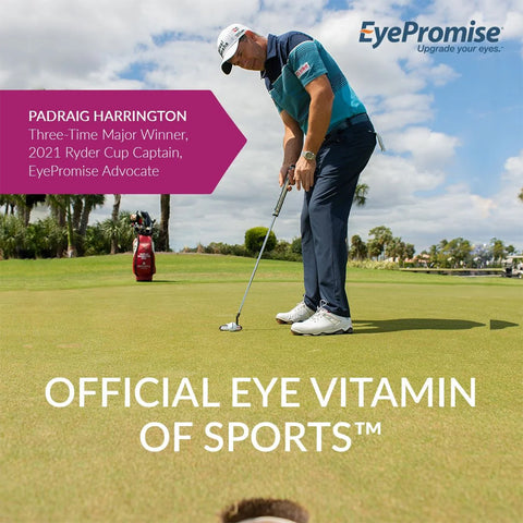 In clear skies, a golfer in blue and white putts on the green. Major winner Padraig Harrington, an EyePromise advocate, emphasizes macular health. Beside him is a golf bag featuring Official Eye Vitamin of Sports™. Product: EyePromise® Macular Health - Zinc-Free AREDS2 vitamin with Omega-3s & Vitamin D.