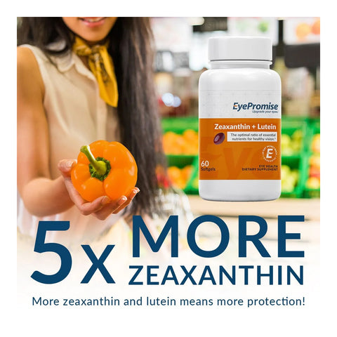 Someone holds an orange bell pepper next to an EyePromise Zeaxanthin + Lutein Eye Vitamin bottle, highlighting 5x MORE ZEAXANTHIN for improved eye health, stressing how increased zeaxanthin and lutein offer superior protection.